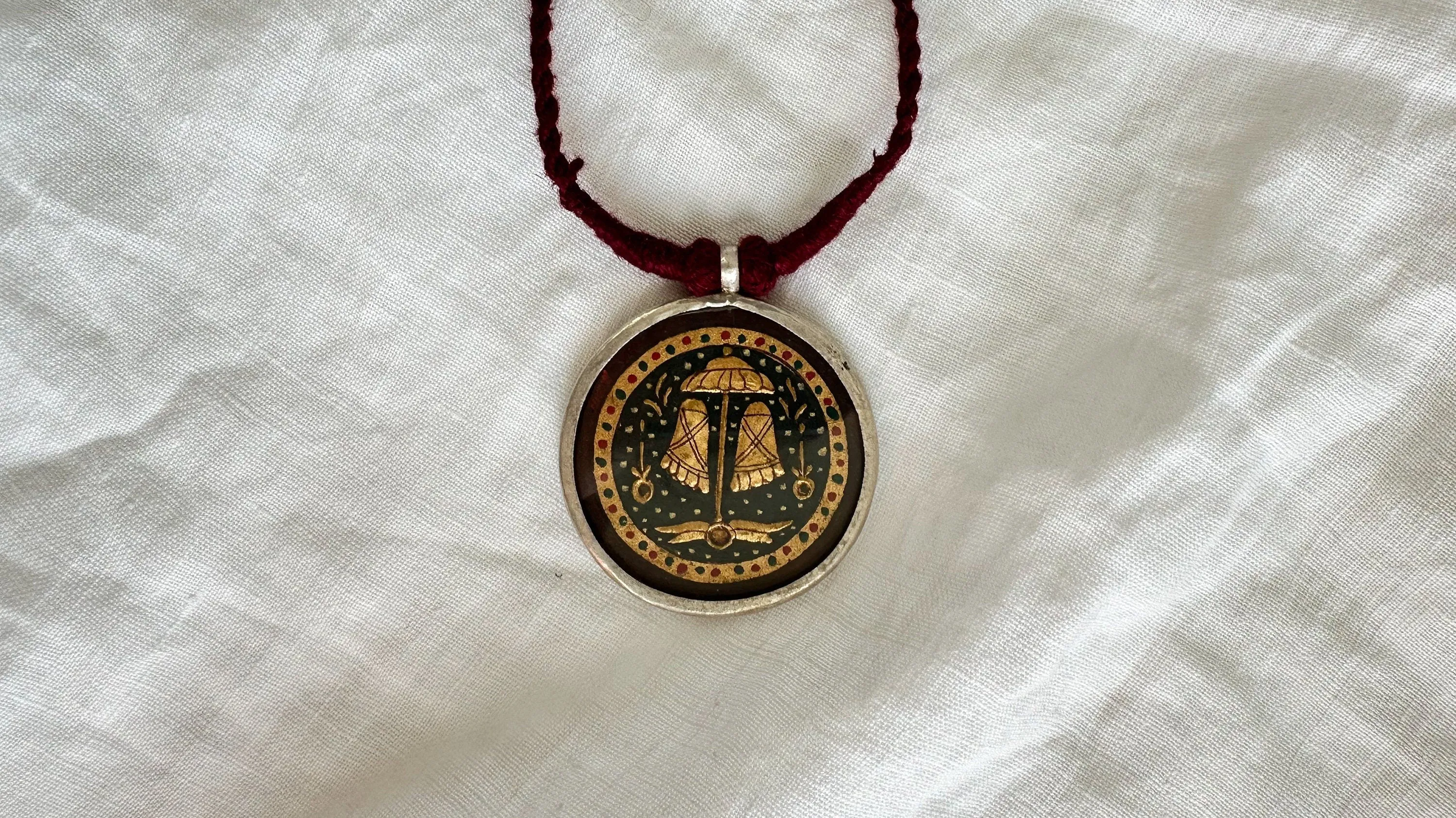 Antique Hindu Goddess Feet Amulet Necklace. Handpainted. 1027