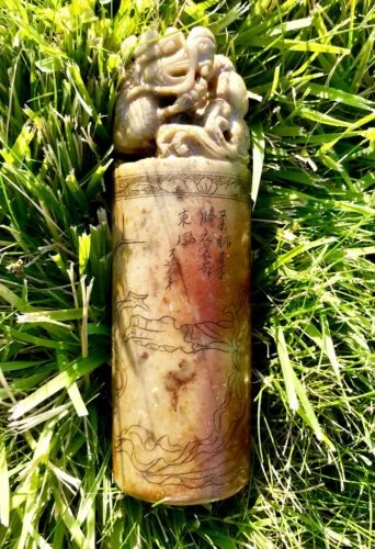 Antique Signed Asian Soap Stone Carved Dragon Stamp Seal