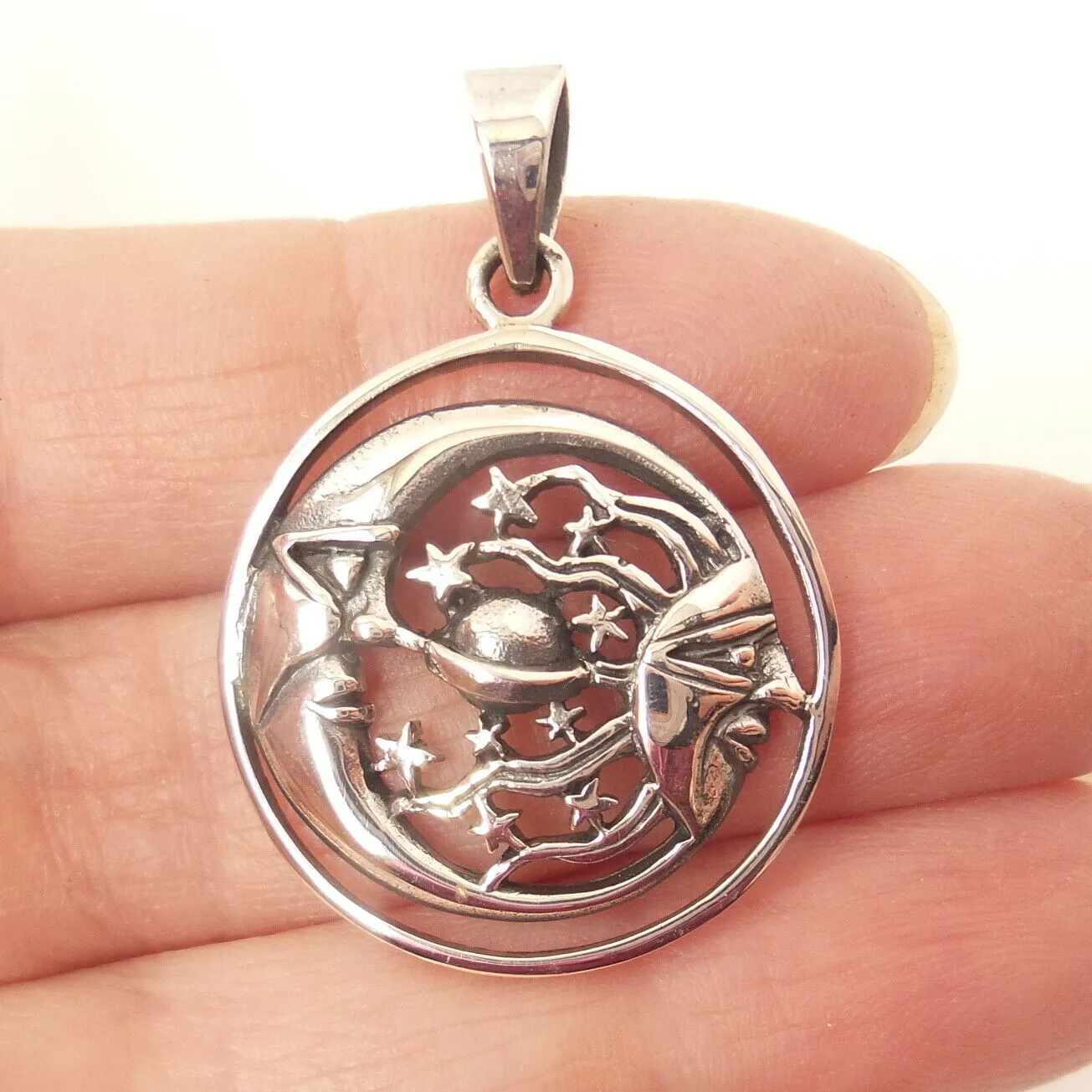 Celestial Moon Sun Stars Charm .925 Sterling Silver Pendant