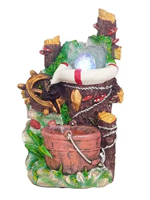 CHRONIKLE Polyresin Artistic Table Top Indoor Well Bucket Design Home Decor 2 Steps Water Fountain with Speed Controller Pump, Multicolor LED & Crystal Ball (Size: 39 x 25 x 19.5CM | Color: Multi)