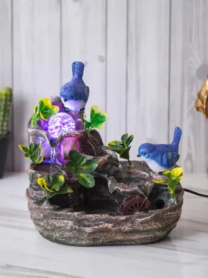 CHRONIKLE Polyresin Blue Birds Tabletop 3 Steps Indoor Water Fountain for Home Decor with Multicolor LED, Speed Controller Pump & Crystal Ball (Size: 29.5 x 18 x 31 CM |Color: Multi|Weight: 1870 Gram)