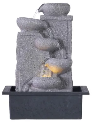 CHRONIKLE Polyresin Designer Grey Color Up to Down 5 Diya Steps Table Top Indoor Water Fountain for Home Decor with Speed Controller Pump & Yellow LED Lights (Size: 40 x 29.5 x 22 CM | W.: 1865 Gram)