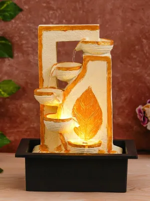 CHRONIKLE Polyresin Table Top 4 Diya Steps & Golden Color Leaf Design Indoor Waterfall Fountain for Home Decor with LED Lights & Speed Controller Pump (Size: 40 x 29.5 x 22CM | Weight: 2250grm)