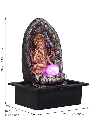 CRAFT SMITH Golden Brown Polyresin Table Top Lord Ganesha Indoor Waterfall Fountain for Home Decor with Multicolour LED, Speed Control Pump and Crystal Ball (Size: 29 x 22 x 40CM | Weight: 1905Gram)