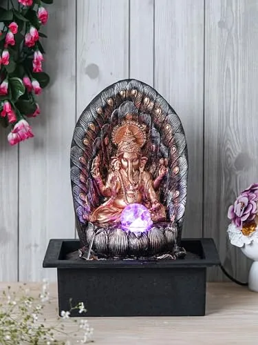 CRAFT SMITH Golden Brown Polyresin Table Top Lord Ganesha Indoor Waterfall Fountain for Home Decor with Multicolour LED, Speed Control Pump and Crystal Ball (Size: 29 x 22 x 40CM | Weight: 1905Gram)