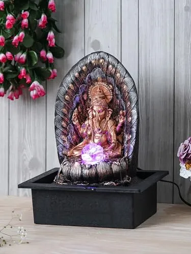 CRAFT SMITH Golden Brown Polyresin Table Top Lord Ganesha Indoor Waterfall Fountain for Home Decor with Multicolour LED, Speed Control Pump and Crystal Ball (Size: 29 x 22 x 40CM | Weight: 1905Gram)