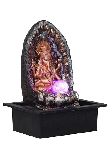 CRAFT SMITH Golden Brown Polyresin Table Top Lord Ganesha Indoor Waterfall Fountain for Home Decor with Multicolour LED, Speed Control Pump and Crystal Ball (Size: 29 x 22 x 40CM | Weight: 1905Gram)