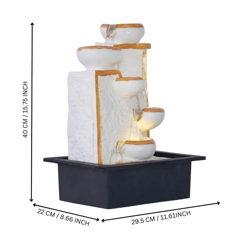 CRAFT SMITH Polyresin Designer Golden White Up to Down 5 Diya Steps Table Top Indoor Water Fountain for Home Decor with Speed Controller Pump & Yellow LED Light (Size: 40 x 29.5 x 22CM | Wt: 1865grm)