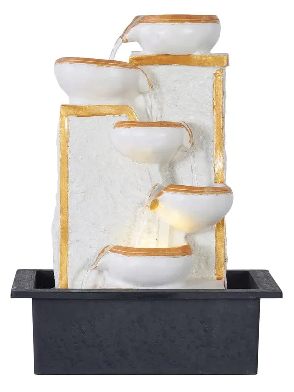 CRAFT SMITH Polyresin Designer Golden White Up to Down 5 Diya Steps Table Top Indoor Water Fountain for Home Decor with Speed Controller Pump & Yellow LED Light (Size: 40 x 29.5 x 22CM | Wt: 1865grm)