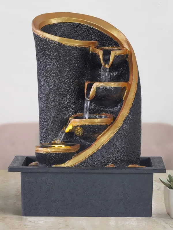 CRAFT SMITH Polyresin Table Top Chocolate Colour Indoor Home Decor 3 Designer Steps Waterfall Fountain with Yellow LED Lights & Speed Controller Pump (Size: 38 x 29.5 x 22CM | Weight: 1750grm)