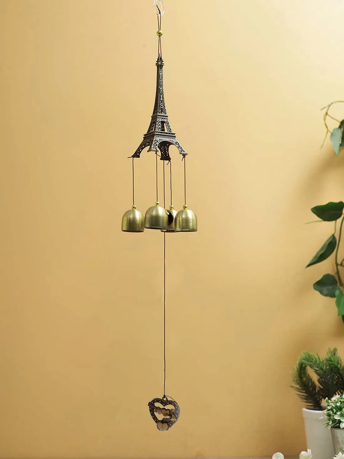 DealFry Feng Shui Metal Wind Chimes Paris Eiffel Tower with 4 Bells Positive Energy Hanging Wind Chimes for Home, Balcony, Gallery, Bedroom with Good Sound Best for Gifting (18 Inch | Heart)