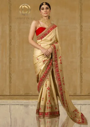 Gold Silk Sari with Red Embroidered Border