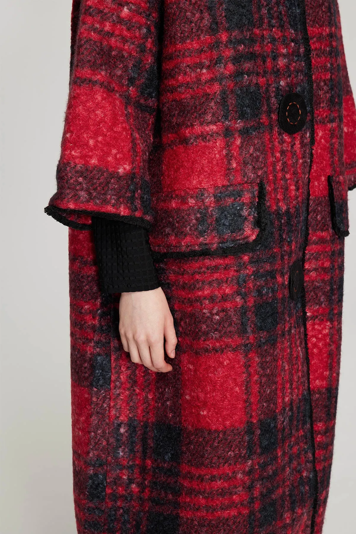 Handcrafted Embroidered Button Grid Wool Coat