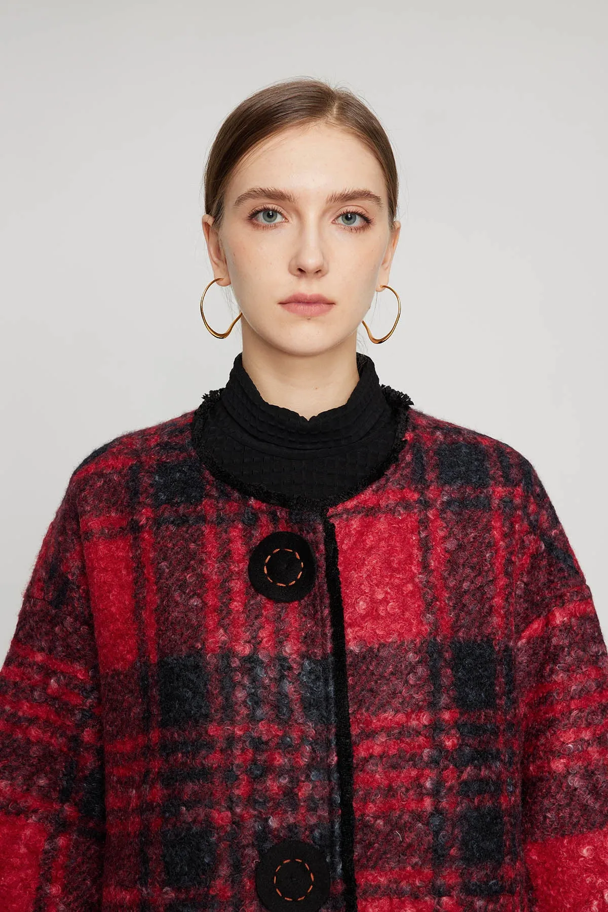 Handcrafted Embroidered Button Grid Wool Coat