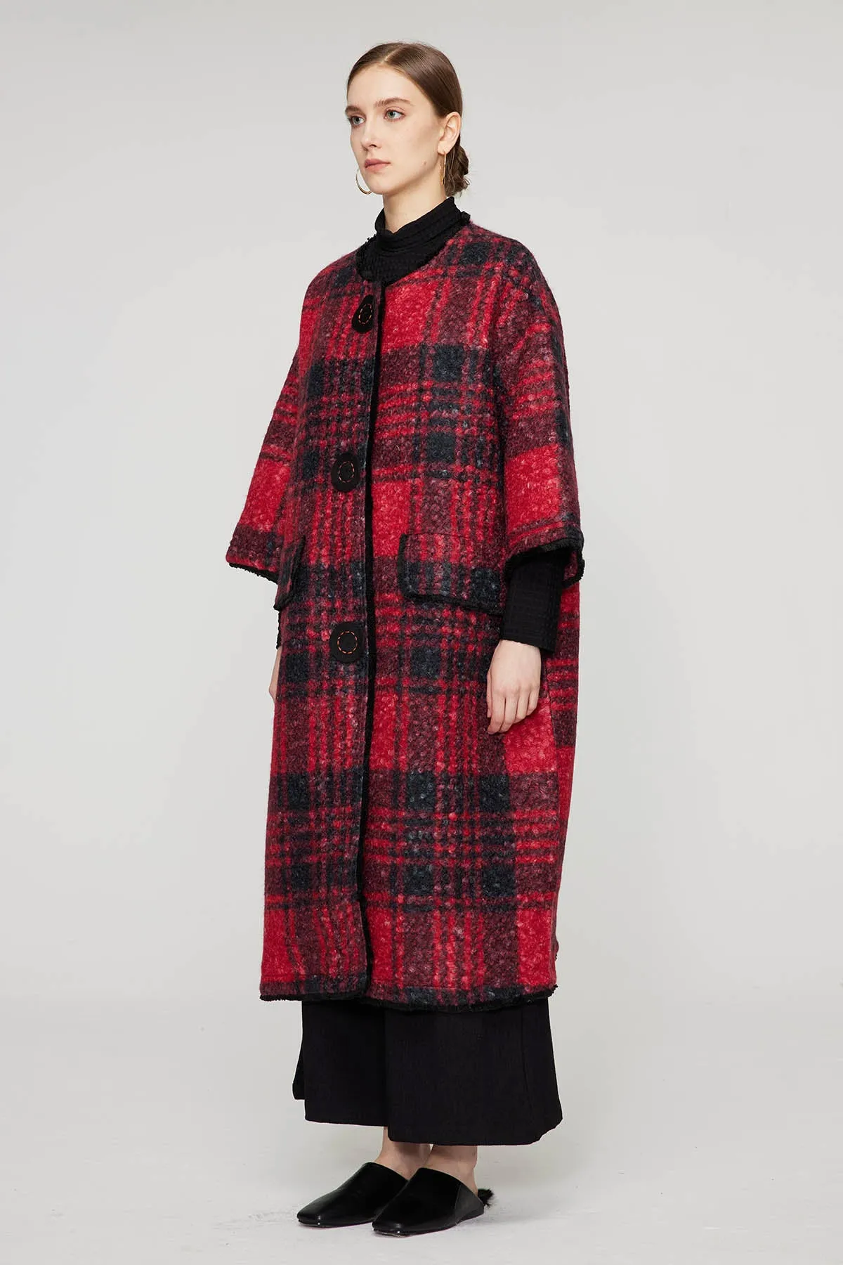 Handcrafted Embroidered Button Grid Wool Coat