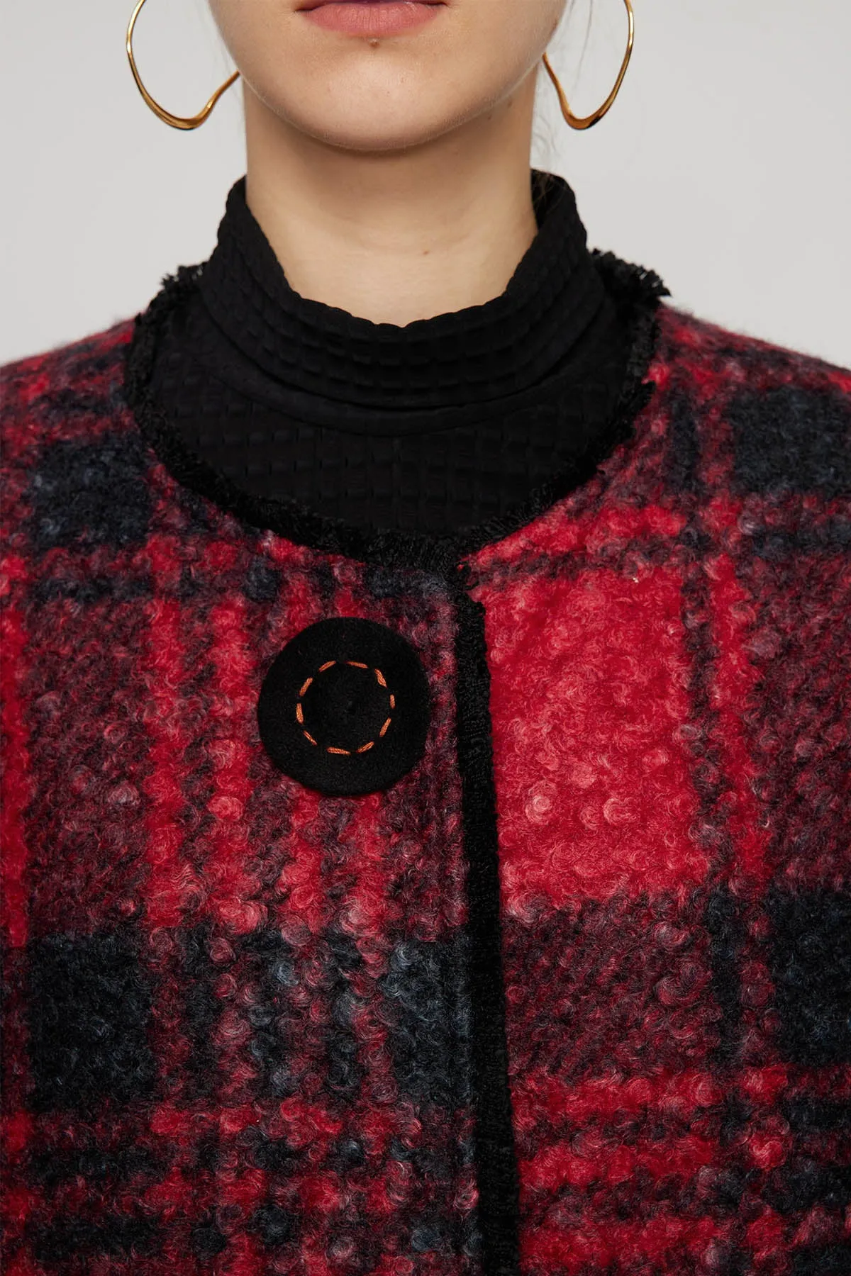 Handcrafted Embroidered Button Grid Wool Coat