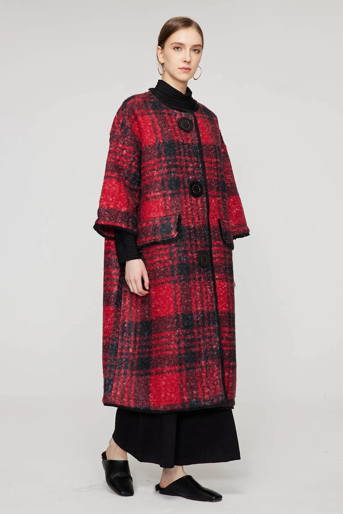Handcrafted Embroidered Button Grid Wool Coat
