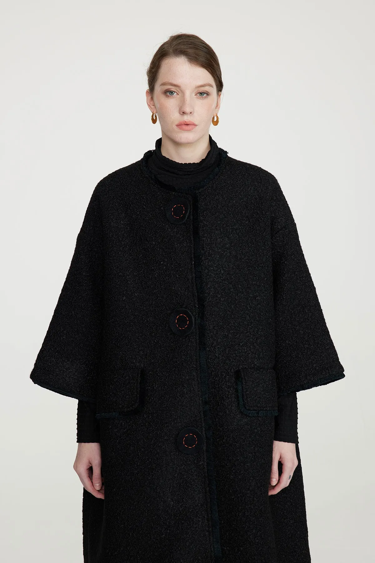 Handcrafted Embroidered Button Grid Wool Coat
