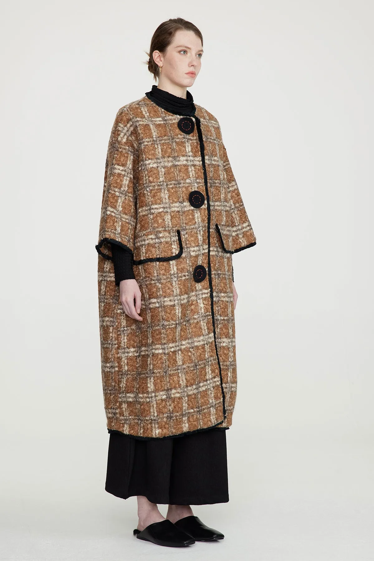 Handcrafted Embroidered Button Grid Wool Coat