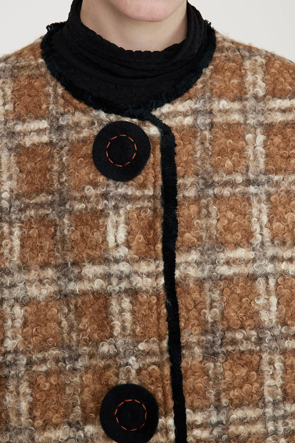 Handcrafted Embroidered Button Grid Wool Coat