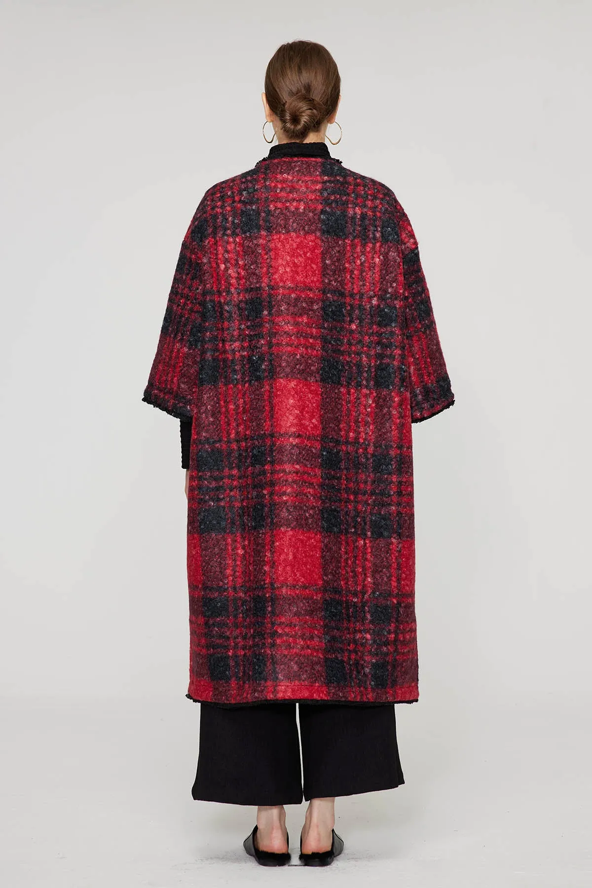 Handcrafted Embroidered Button Grid Wool Coat