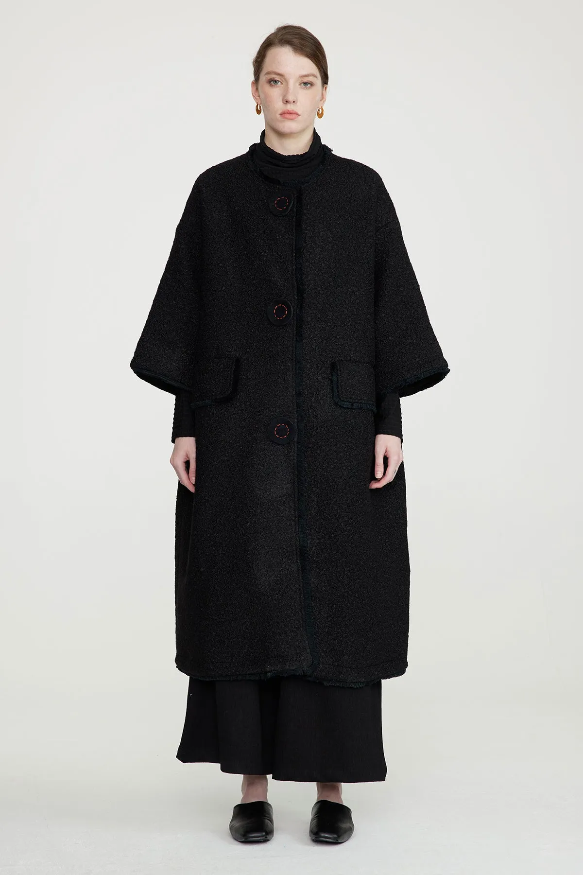 Handcrafted Embroidered Button Grid Wool Coat