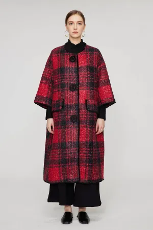 Handcrafted Embroidered Button Grid Wool Coat