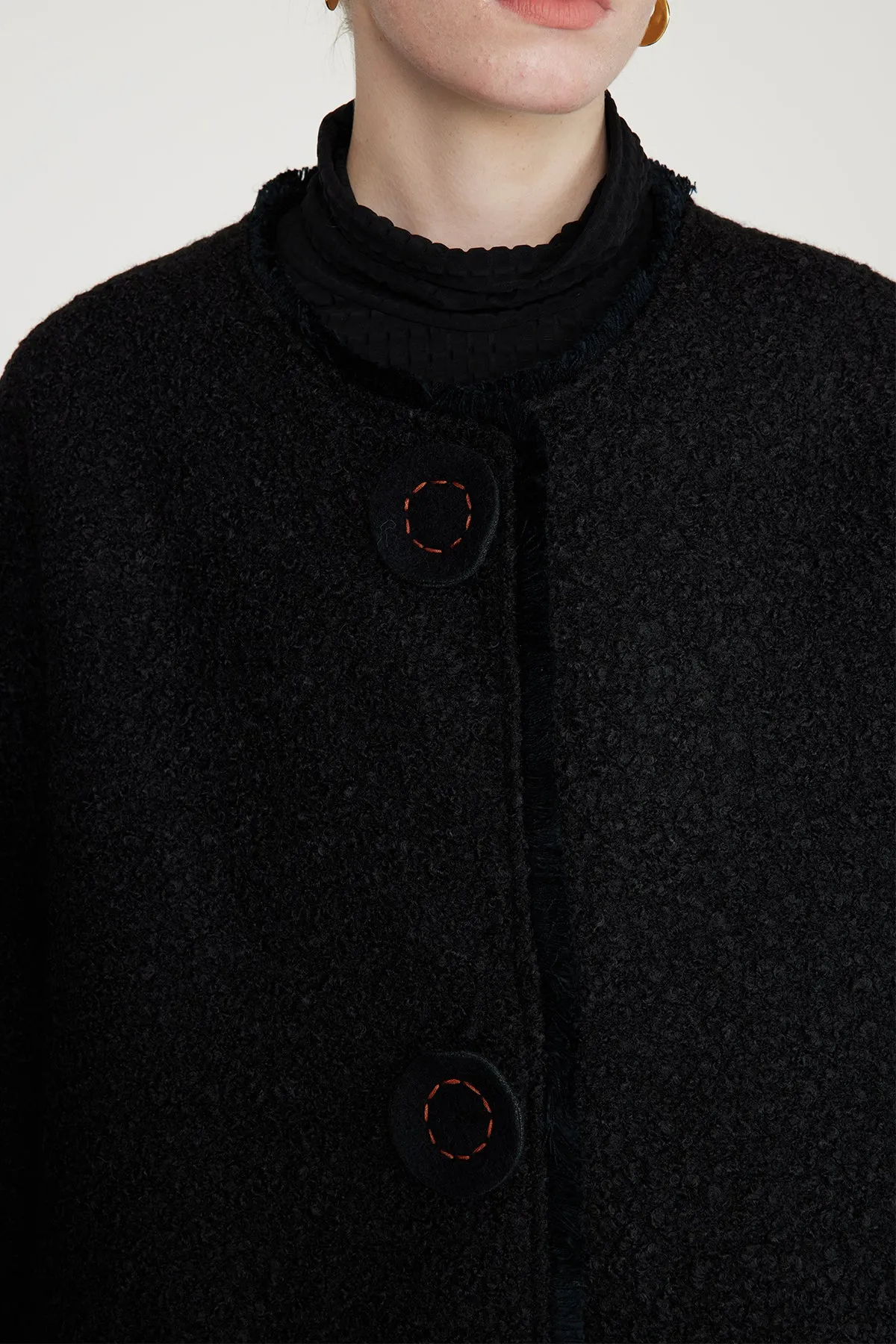 Handcrafted Embroidered Button Grid Wool Coat