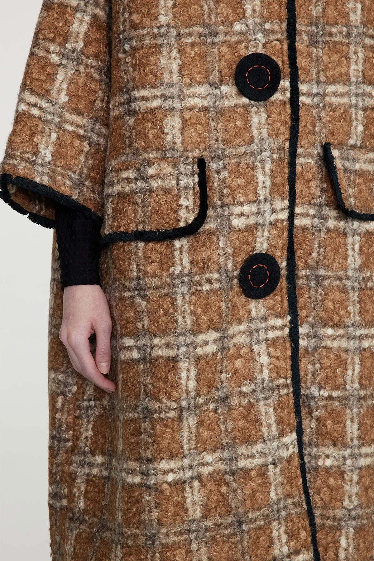 Handcrafted Embroidered Button Grid Wool Coat