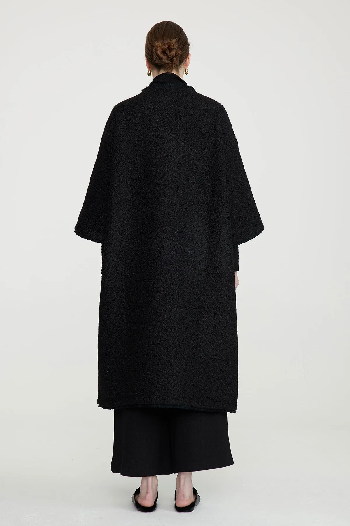 Handcrafted Embroidered Button Grid Wool Coat