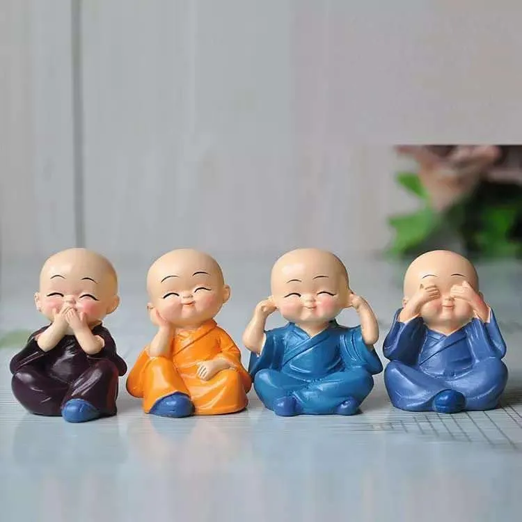 Indian Polyresin Buddha Monk Statues, Small, for Car Dashboard, Living Room, Table Top Multicolour, Set of 4 (Style_3