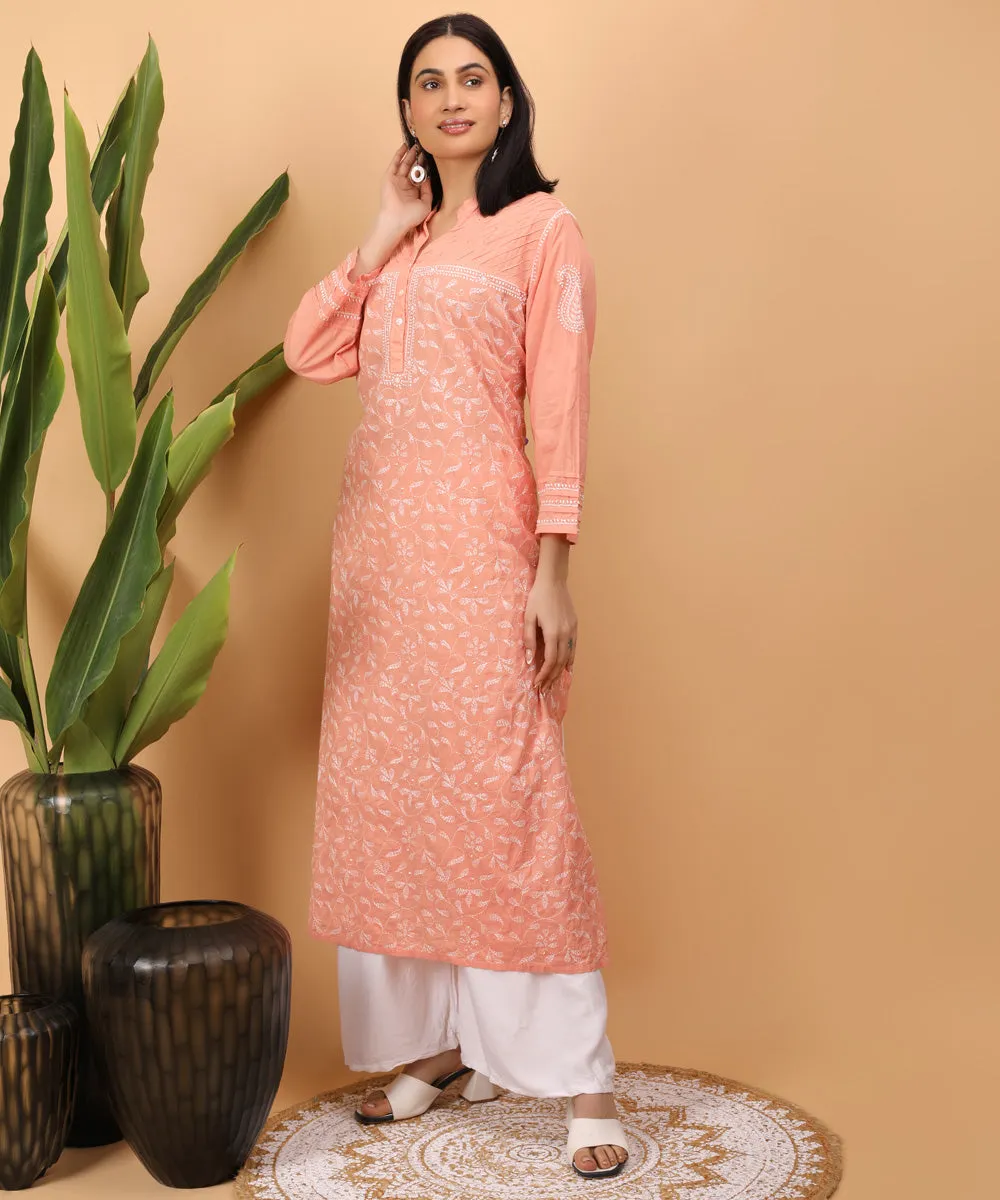 Peach handembroidery cotton chikankari straight kurta