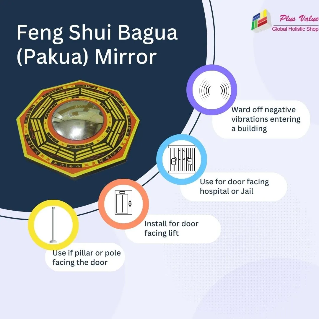 Plus Value Feng Shui Pakua Bagua Convex Mirror Home, Office, Shop, Business Main Door Entrance Protection from Evil Eye, Positive Energy (9 Inches, Wall Hanging Decor, Wooden)