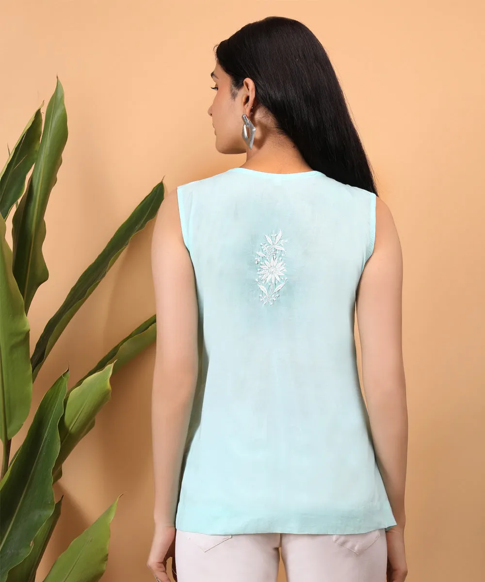 Sky blue hand embroidered cotton chikankari yoke top