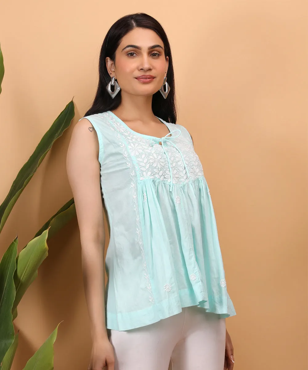 Sky blue hand embroidered cotton chikankari yoke top