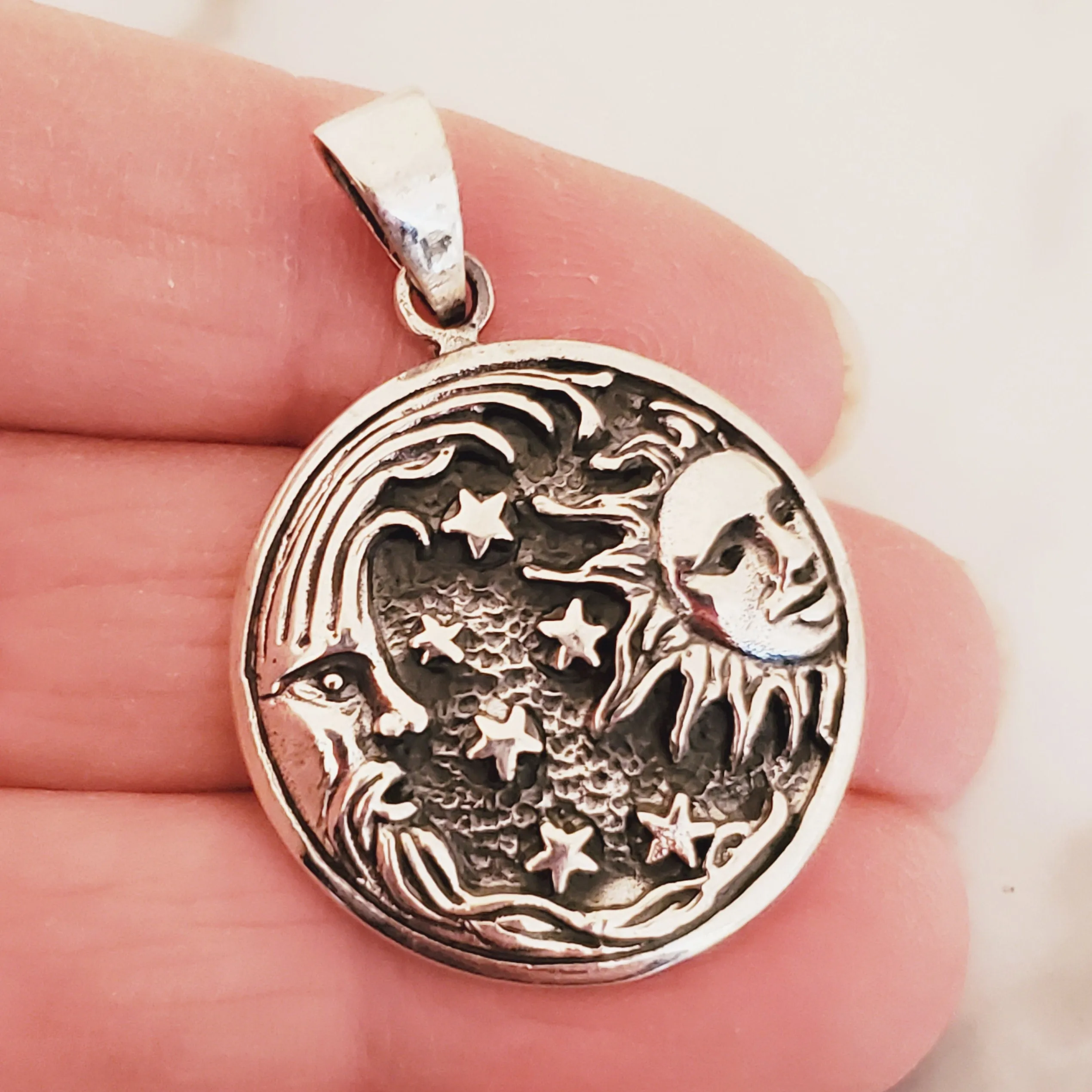 Solar Eclipse Moon Sun Stars Charm .925 Sterling Silver Pendant