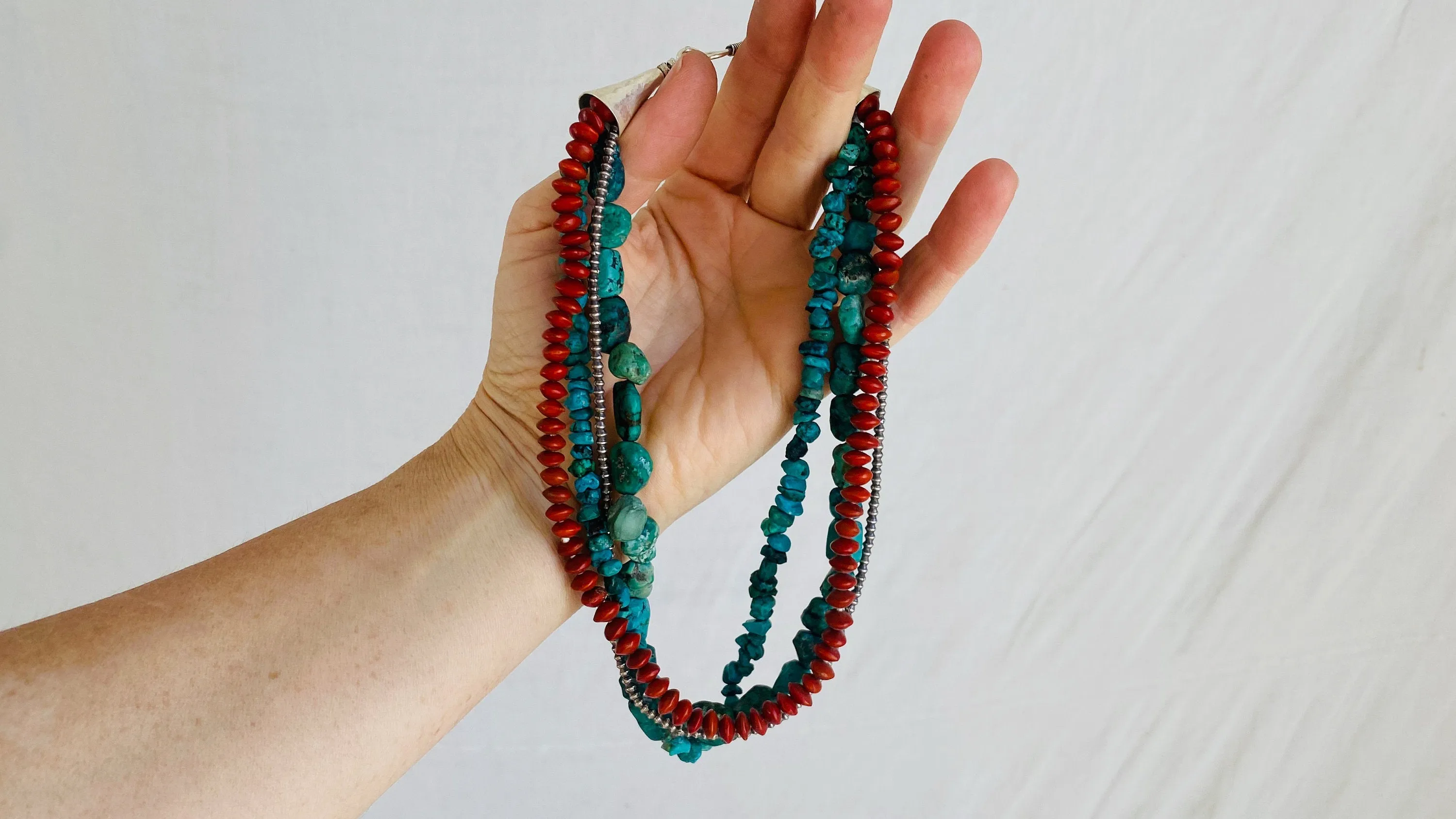 Turquoise Multi-Strand Necklace. Turquoise and Sterling Silver and Seeds. Acacia Coral