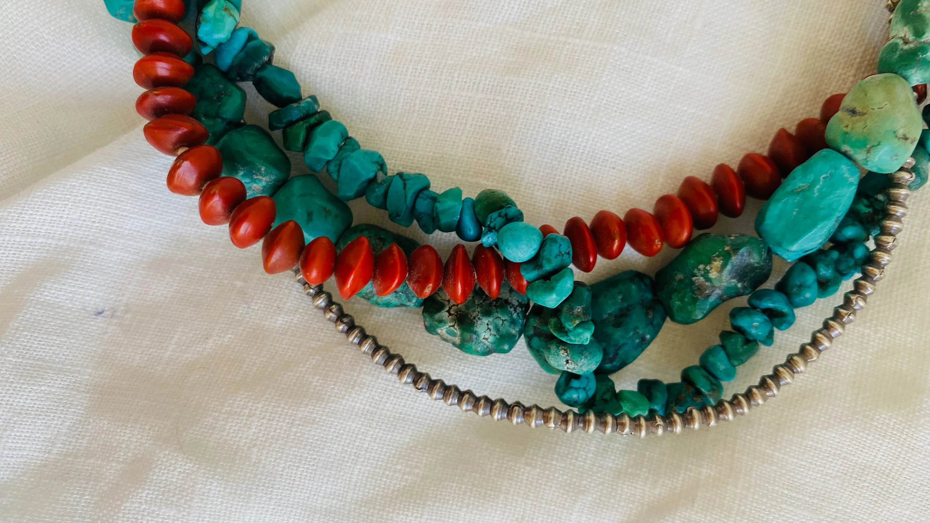 Turquoise Multi-Strand Necklace. Turquoise and Sterling Silver and Seeds. Acacia Coral