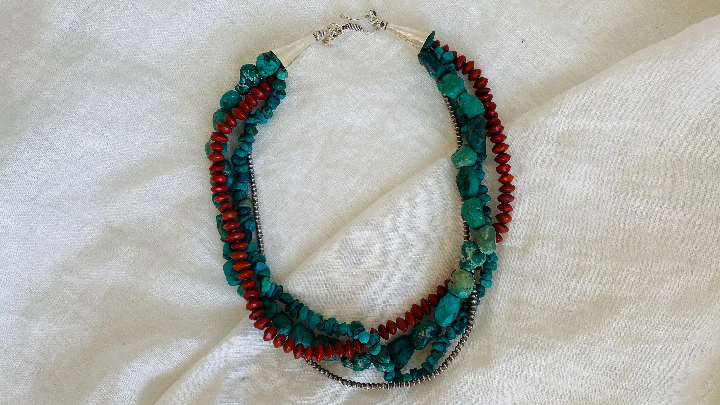 Turquoise Multi-Strand Necklace. Turquoise and Sterling Silver and Seeds. Acacia Coral