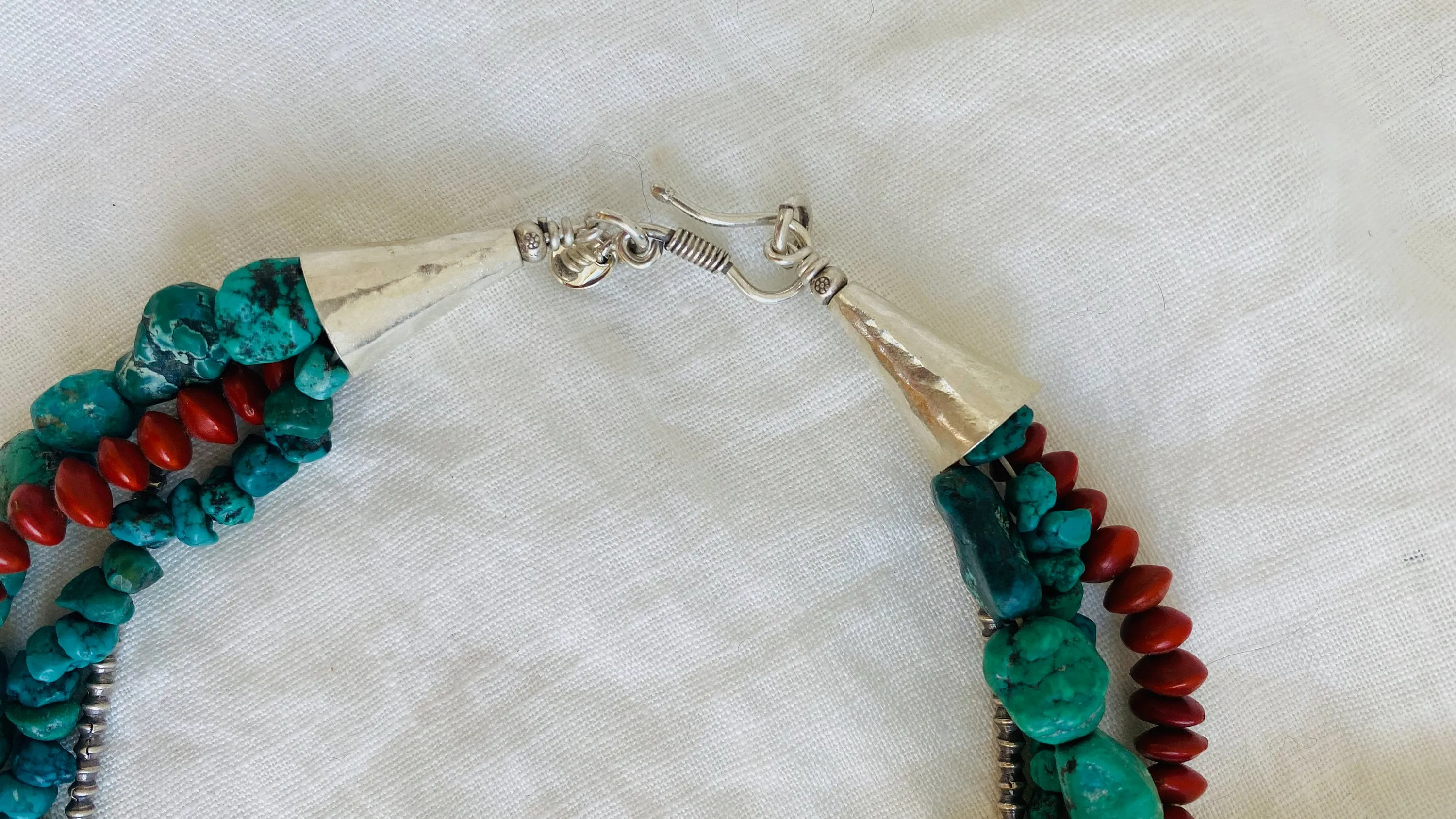 Turquoise Multi-Strand Necklace. Turquoise and Sterling Silver and Seeds. Acacia Coral