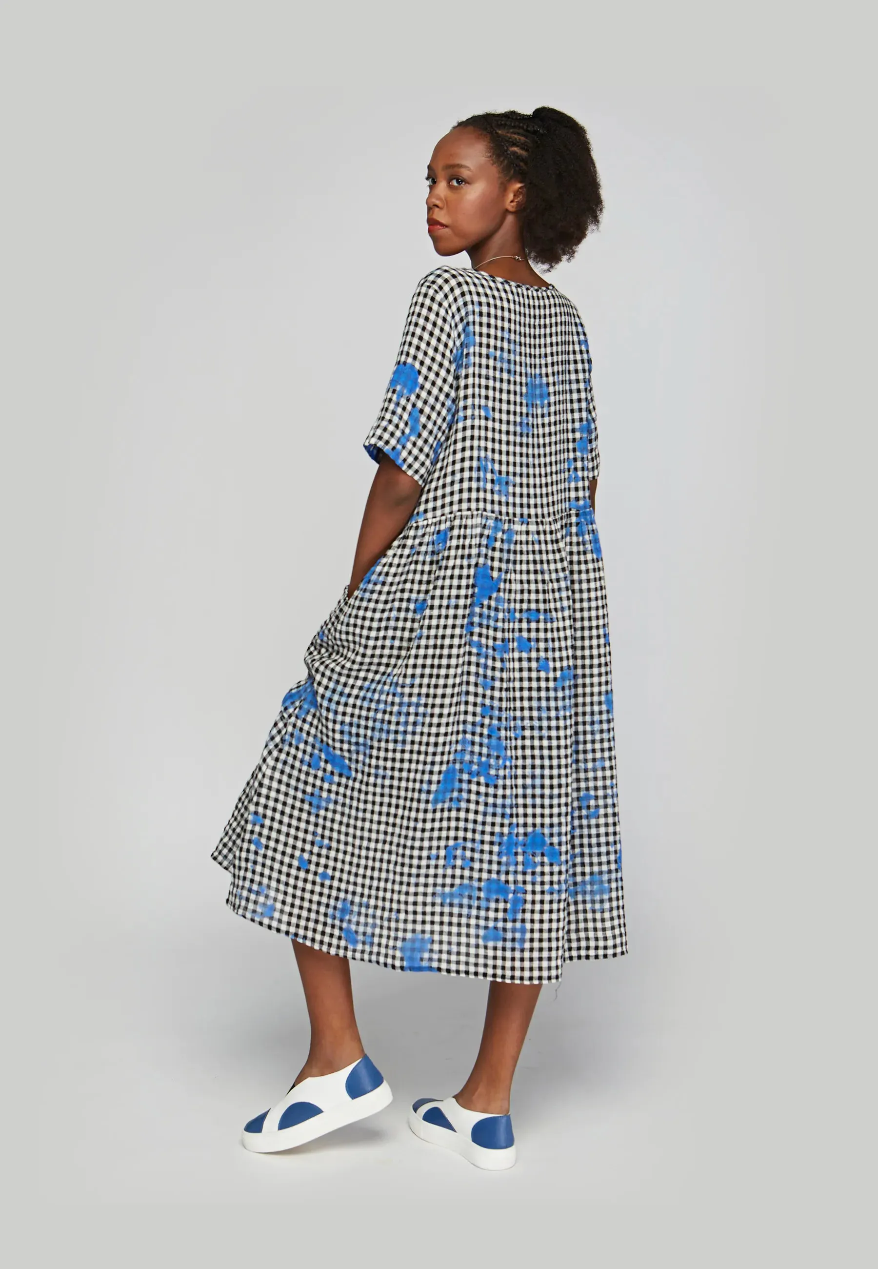 ZANE Mid-length, checkered gauze linen dress